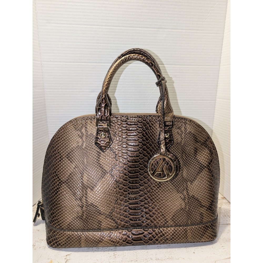 Mezon Snake Print Embossed Handbag Satchel Gold Tone Logo Charm